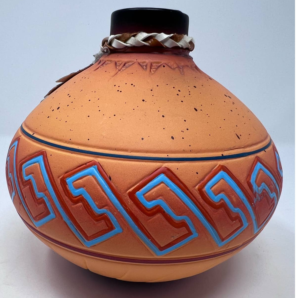 Decorative Painted Blue Orange Vase Leather Shaped Feathers with‎ Beads 8" Tall - Picture 3 of 7